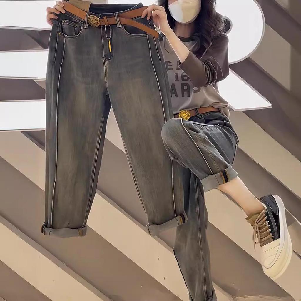 Women's Plus Size High-Waisted Slimming Straight-Leg Jeans - Autumn/Winter Loose Fit Harem Pants