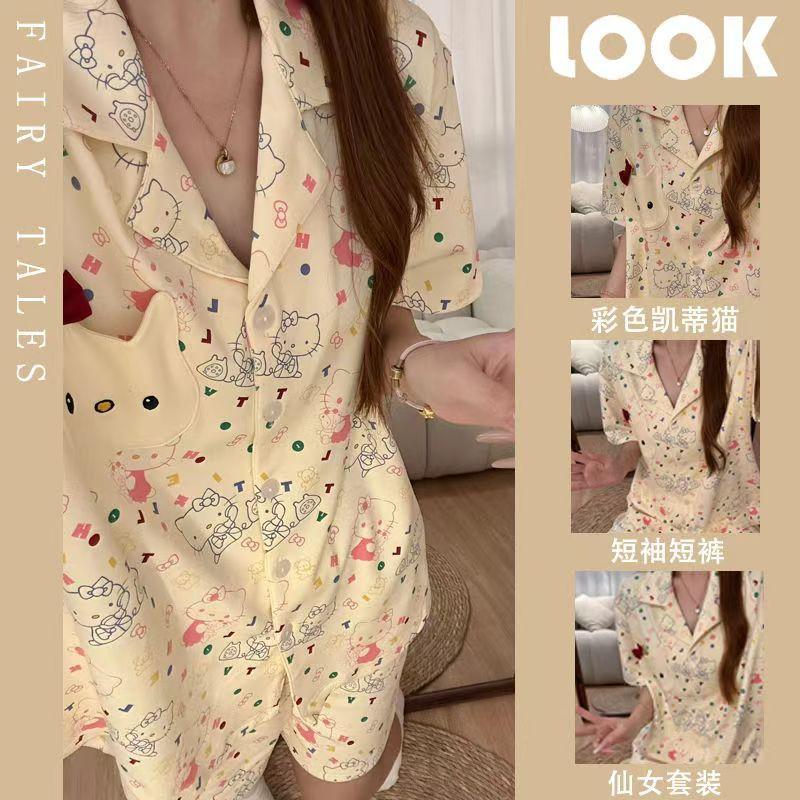 Candy color KT cat cute wind cartoon pajamas women s summer new large size comfortable cardigan loungewear two-piece set S