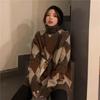 Women's Turtleneck Long Sleeve Sweater Oversized Loose Fit Argyle Color Block Knit Tunic Top Casual Winter Mid Length Pullover