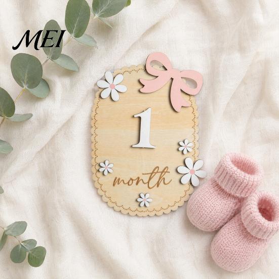 Baby Growth Record Decoration Monthly Milestone Ornaments, Wooden Markers with 3D Bow And Flower Newborn Gift Decoration, Cards for Photos Keepsake