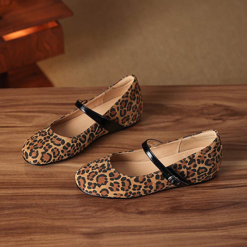 Krazing Pot Piele intoarsa Varf Rotund Marimea 42 Tocuri Joase Curele cu Catarama Imprimeuri Leopard Pompă de Toamnă Vintage cu Platformă