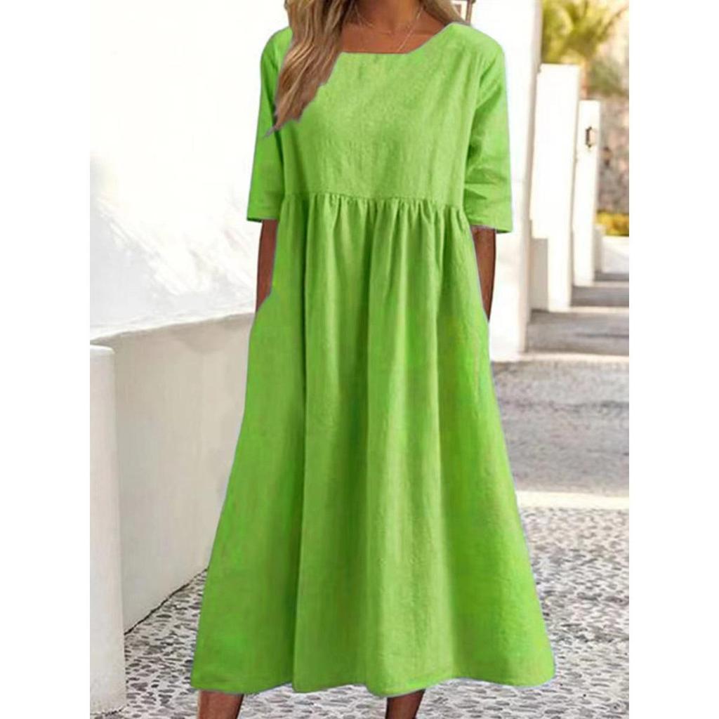 Women's Round Neck Short Sleeve Loose Casual Long Retro Dress