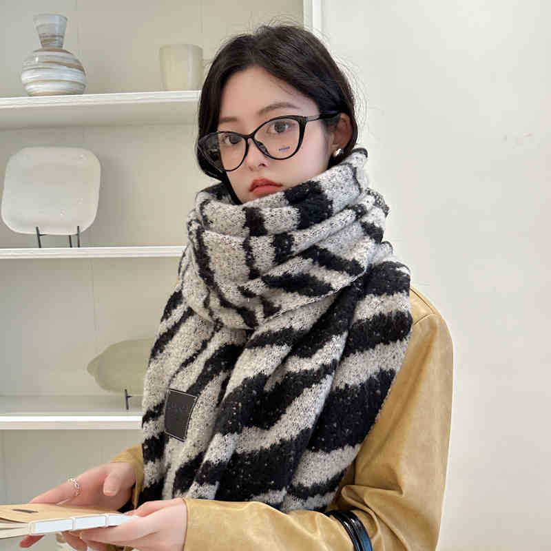 

Вязаный шарф с принтом зебры, женский зимний студенческий утолщенный теплый шарф двойного назначения