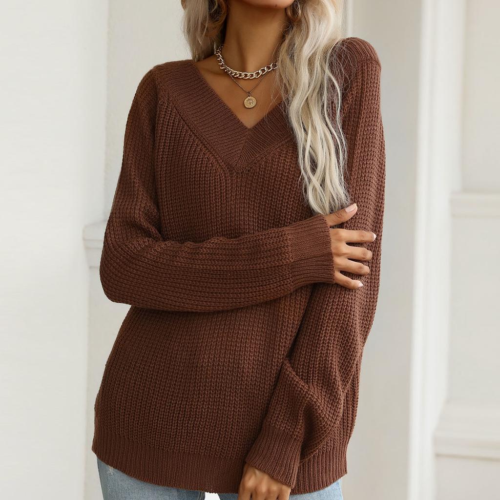 YYFS Damenmode Lässiger Einfarbiger Druck Herbst Winter Langarm V-Ausschnitt Lose Pullover