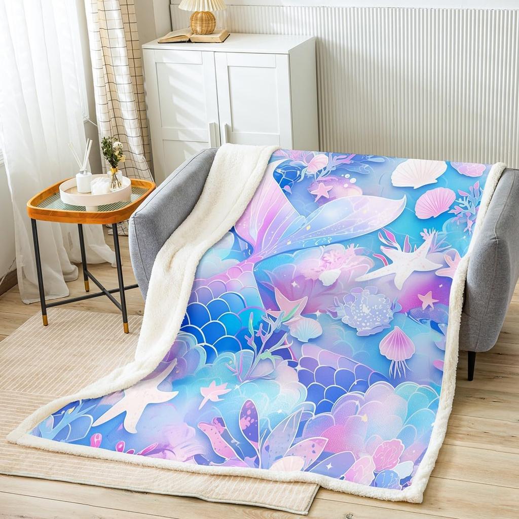 Cartoon Mermaid Fleece Throw Blanket Ocean Coastal Sherpa for Kids Soft Plush Bed Blanket X Inches