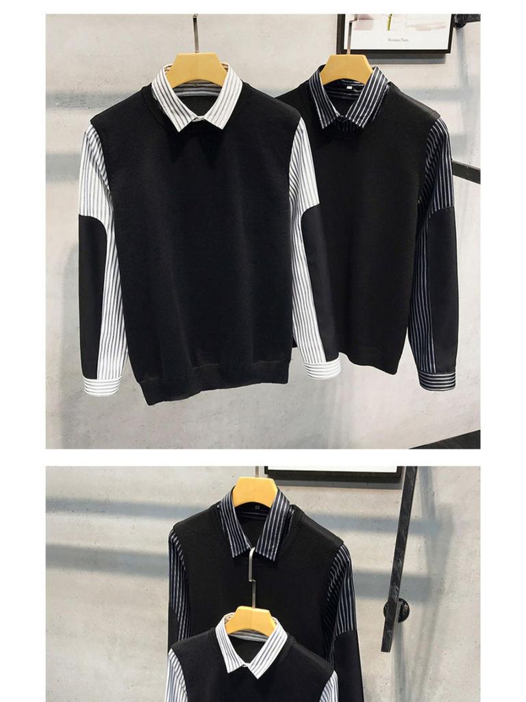Men's Fake Two-Piece Sweater with Shirt Collar: 2025 Spring/Autumn Patchwork Knitwear Trendy Jacket