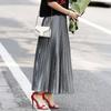 Women Maxi Skirt Golden Long Skirt Elastic High Waist Pleated Slimming Design Spring Summer