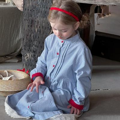 2025 Spring Korean Retro Plaid Knee-Length Dress with Buttons for Girls