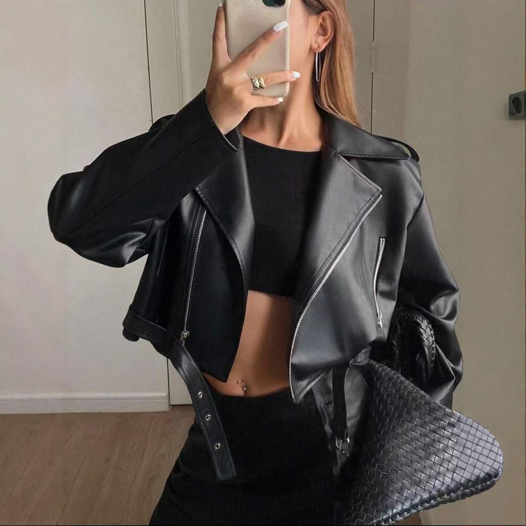 Cross-border Wholesale European and American Style Short PU Leather Jacket for Women, Motorcycle Jacket, Slim Fit, High-end Black Jacket, Trendy Insta