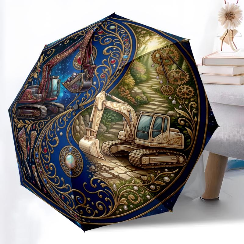 1pc Sturdy 8-Bone Auto Umbrella, Blue Balance Excavator Umbrella, Digital Printed, Foldable Umbrella for On-the-Go Outdoor Use