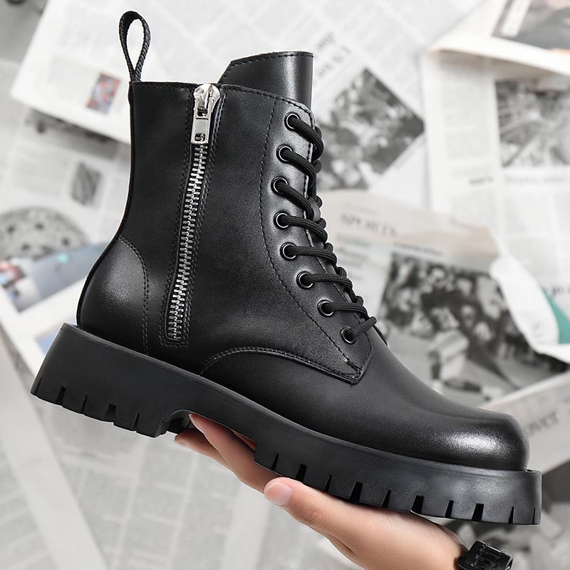Men's High-Top Leather Martin Boots - British Style, Thick Sole, Velvet Lining, Winter Warmth