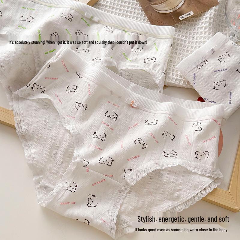 Women's 7A Antibacterial Cotton Underwear - Cute Print, Breathable, Japanese Style, Mid-Waist, Hip-Hugging Teen Girl Panties