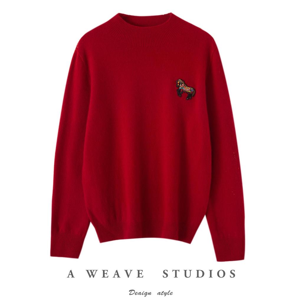 Women's Year of the Horse Red 100% Wool Sweater, Half-High Neck, Loose Fit Knitwear