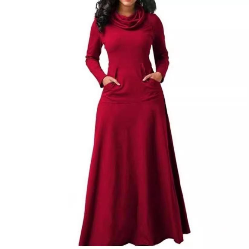 Autumn and winter solid color patchwork interface pocket neck long dress autumn and winter long dress