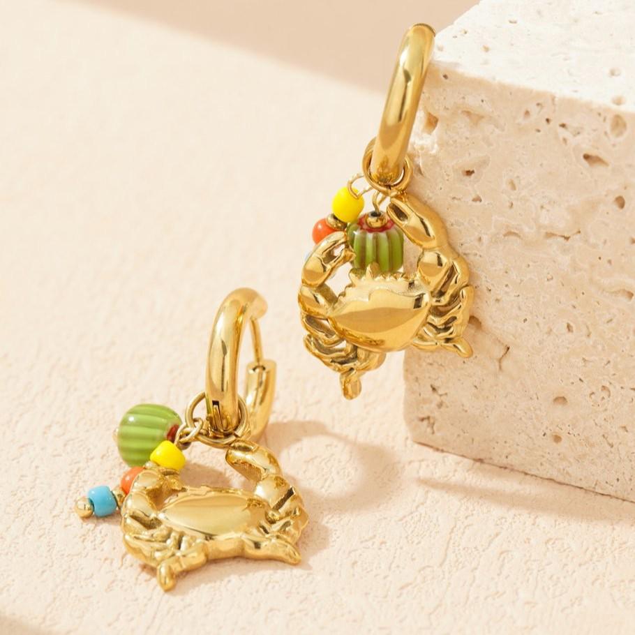 18K Gold-Plated Stainless Steel Crab Flower Ocean Earrings