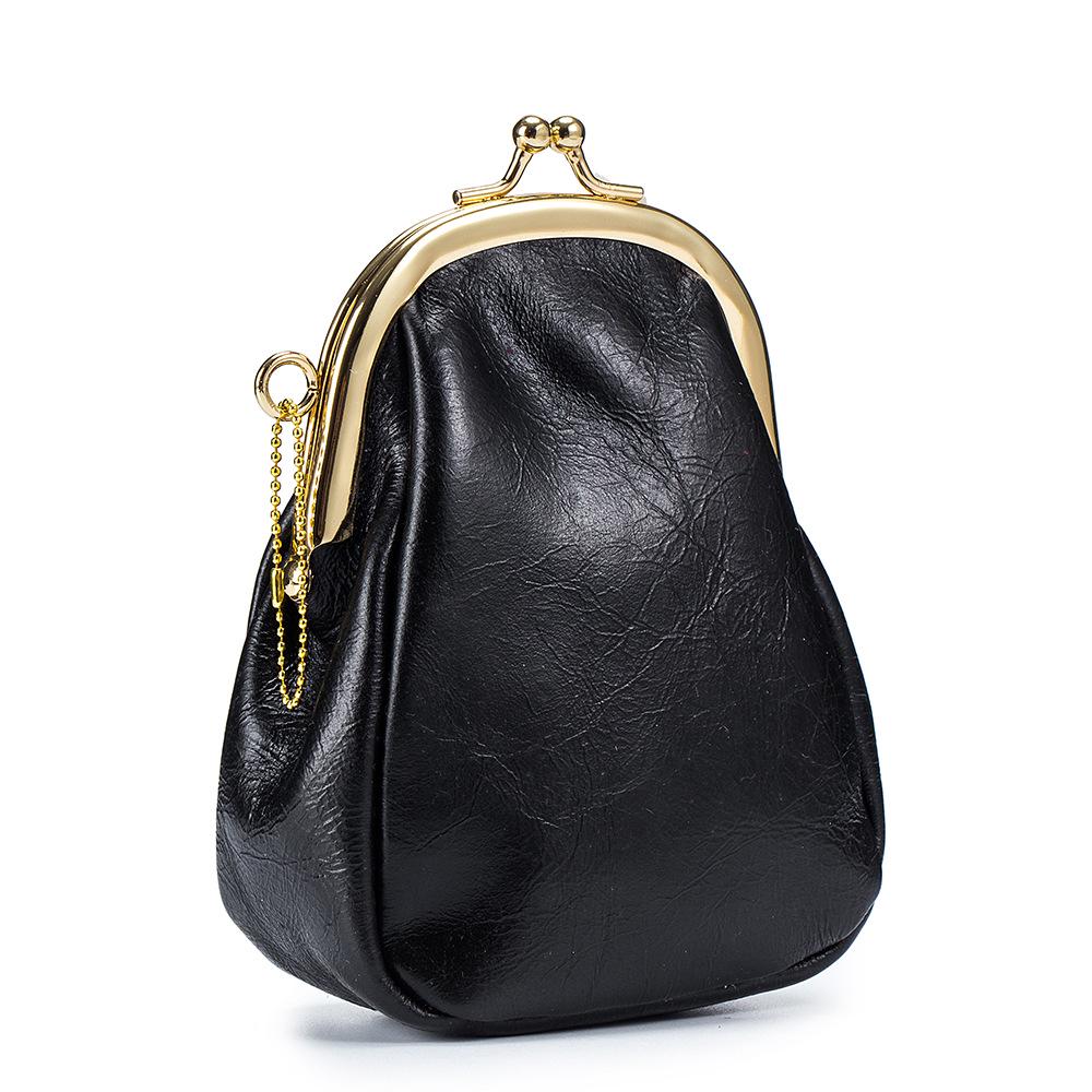 Vintage Leather Kiss Lock Coin and Card Pouch: Mini Earphone Holder Clip Bag