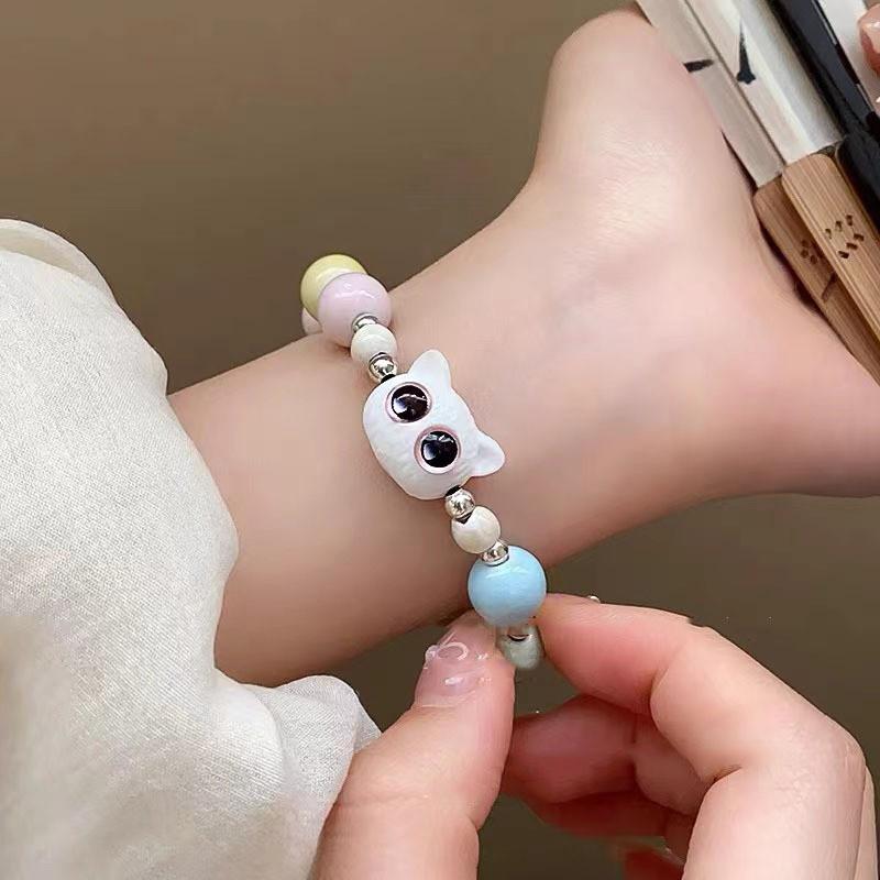 Ceramic Cat Bead Bracelet Adorable And Trendy Womens Geometric Hand Jewelry