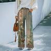 Damen Sommer Locker Sitzende Blumenmuster Weite Beine Hose Elastische Taille Knopfleiste Vorne Mit Taschen Lässig Bohemian Stil Hose
