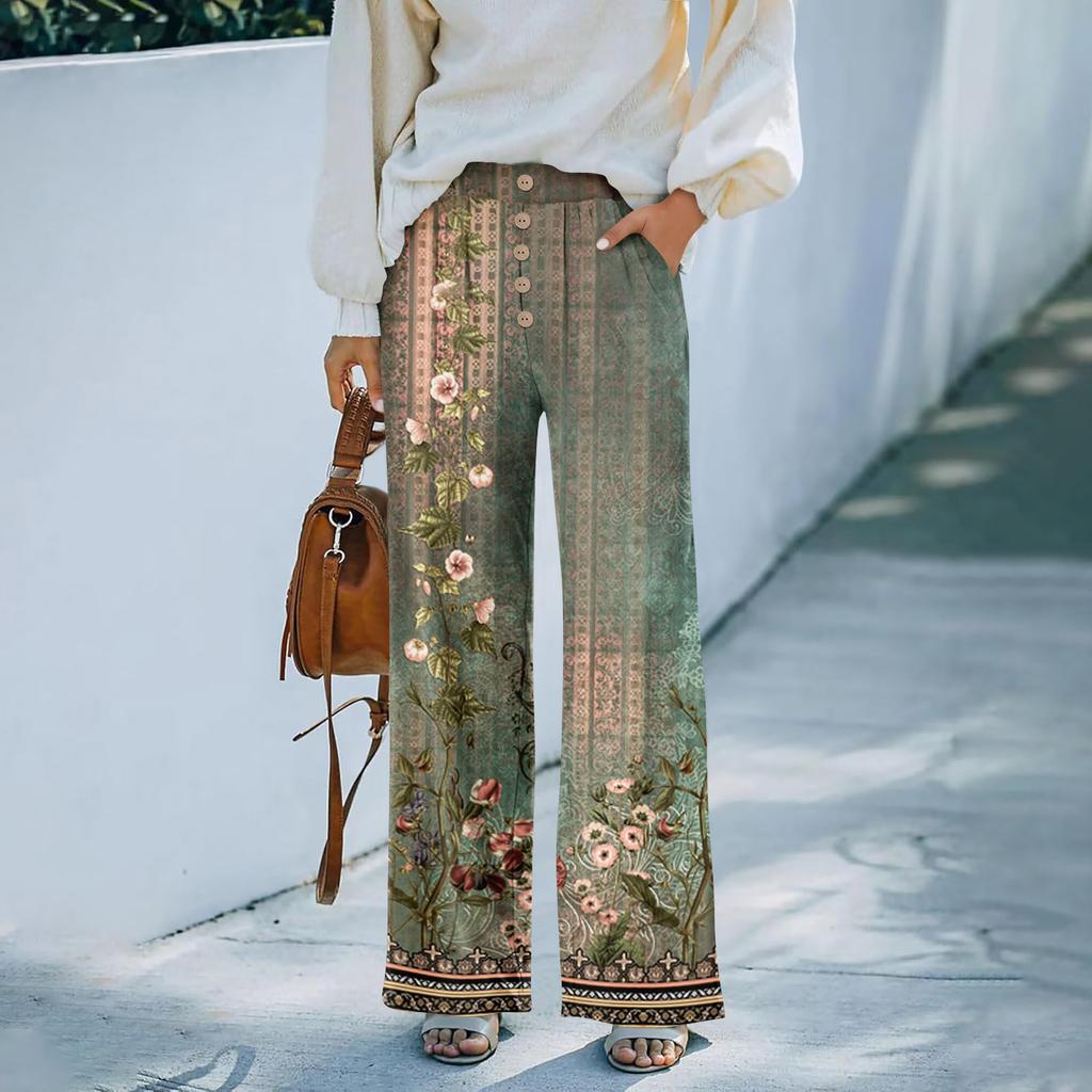 Damen Sommer Locker Sitzende Blumenmuster Weite Beine Hose Elastische Taille Knopfleiste Vorne Mit Taschen Lässig Bohemian Stil Hose