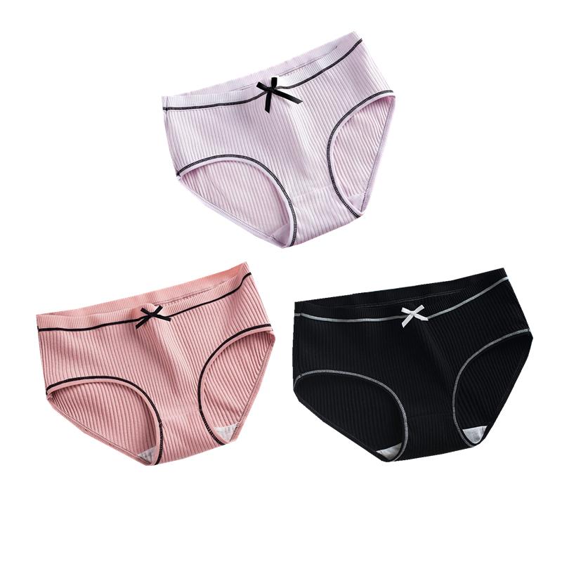 3Pcs Cotton Underwear Women Seamless Briefs Bowknot Stripes Underpants Breathable Mid-Waist Briefs for Female