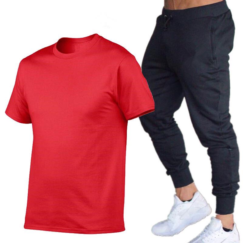 Herren Sommer Freizeit Shorts & Skinny Hosen Set - Baumwolle Rundhals T-Shirt & Lange Hosen