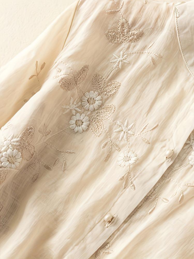 Button Front Floral Textured Blouse Vintage Three-quarter Sleeve Blouse for Spring & Fall Women's Clothing