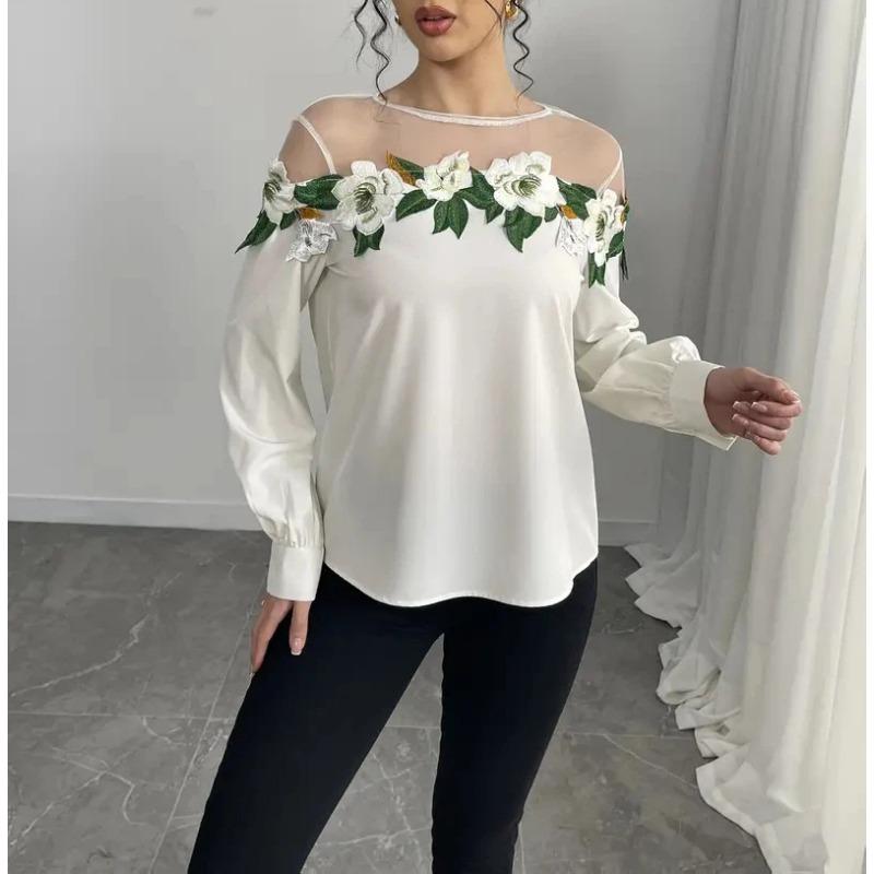 Spring New Shirt Women's Heavy Industry Mesh Splicing Satin Embroidered Top