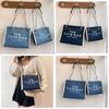 Stylish 2024 Autumn Fashion Letter Print Large Capacity Denim Canvas Tote Bag For Women In Black Blue And Sky Blue