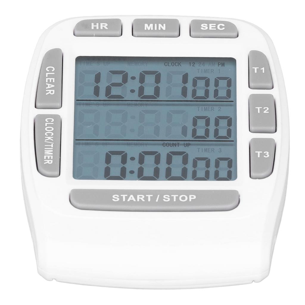 Triple Timer Clock Count Down Up 4.0x4.4cm LCD Display Multifunction White Builtin Battery