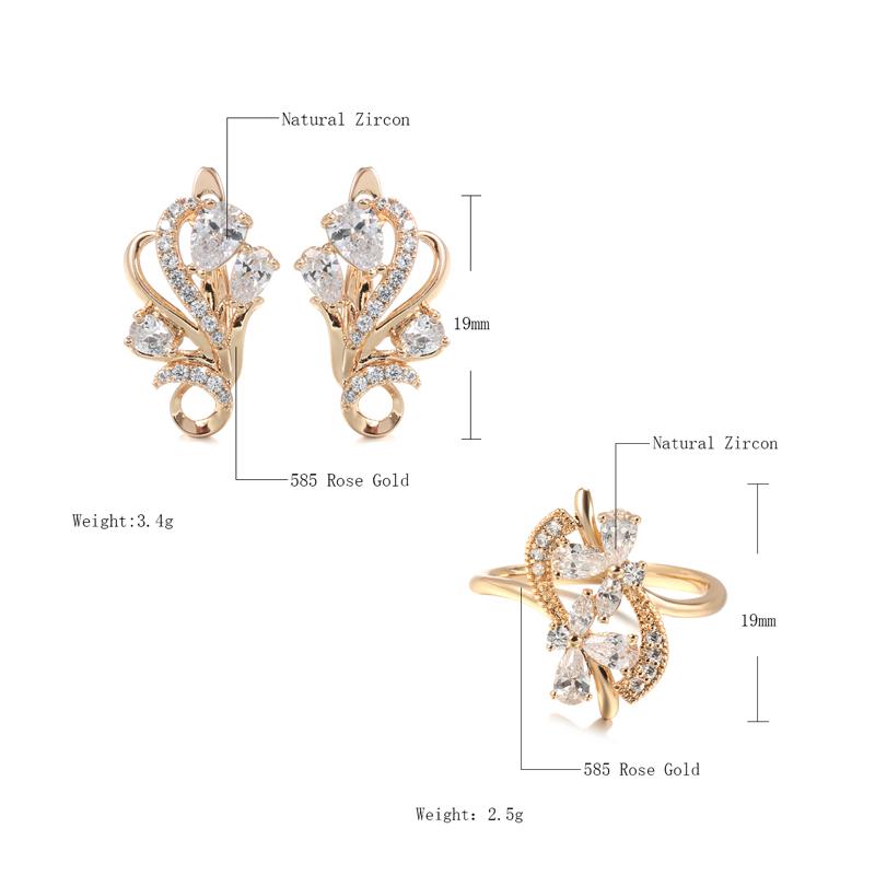 Luxus Roségold Kristall Blume Ohrringe Ring Sets für Frauen Natürlicher Zirkon Braut Hochzeit Vintage Schmucksets