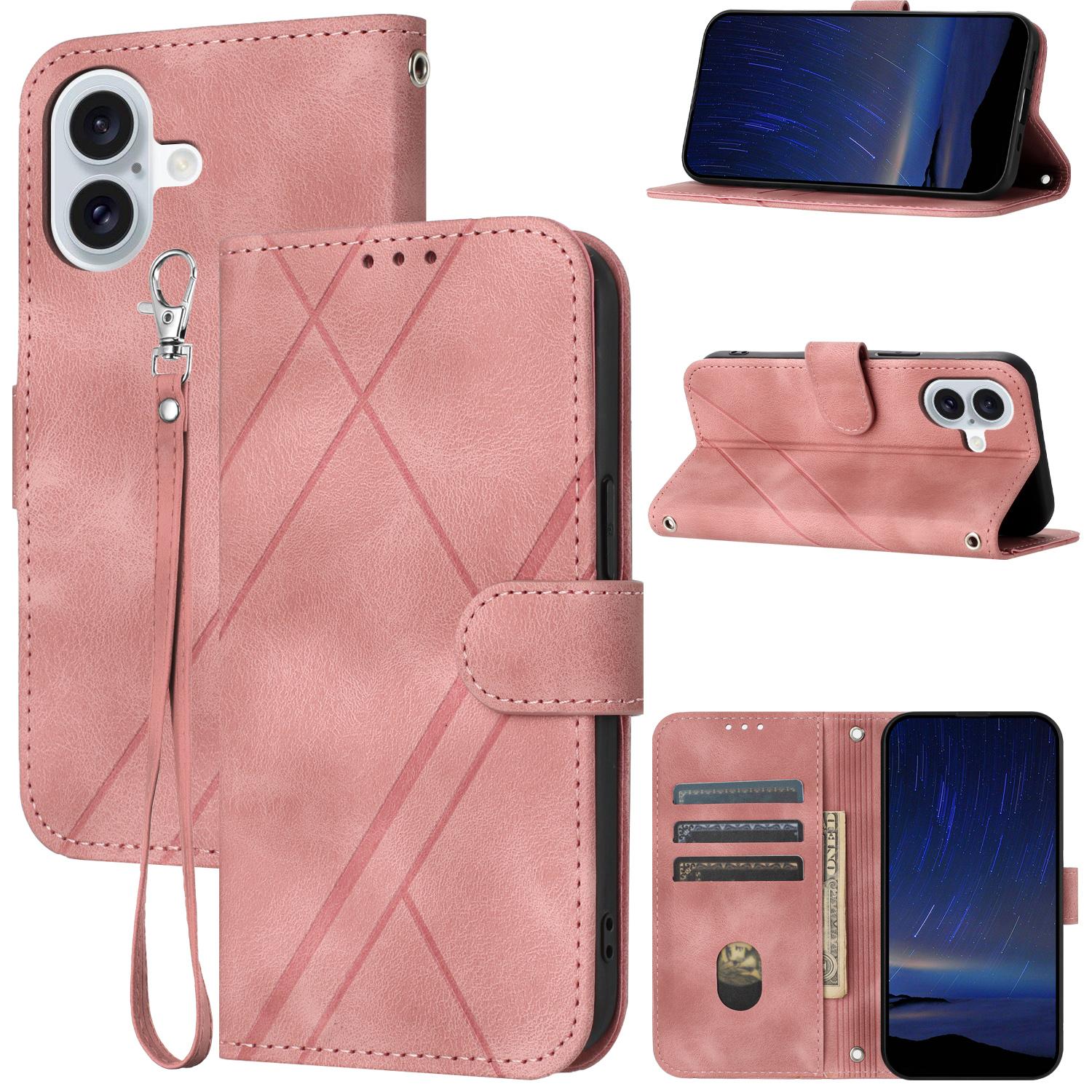

For iPhone 17 Case Imprinted Line Leather Phone Cover with Handy Strap Pink