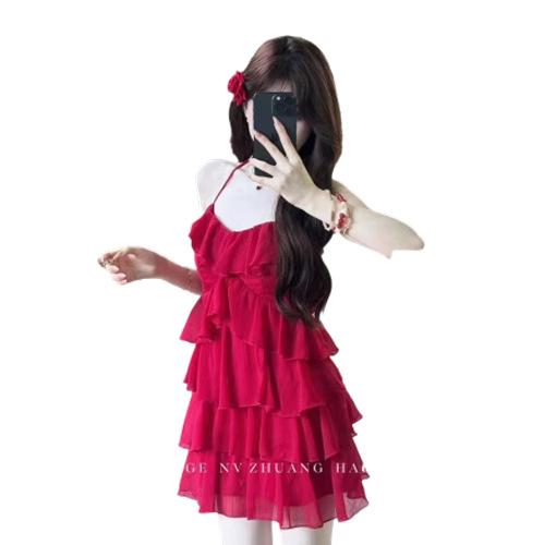 Red suspender dress women's summer new pure desire spice girl vacation style thin a word short skirt cake skirt