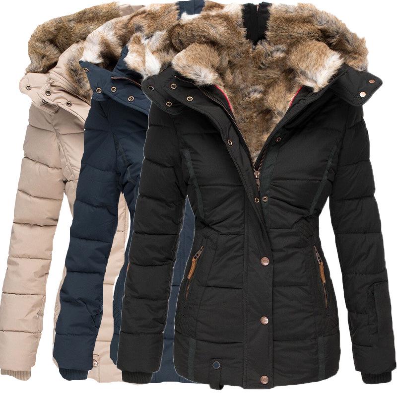 Women's Winter Faux Fur Collar Cotton Padded Jacket - Slim Fit, Long Sleeve, Zipper Hooded Overcoat