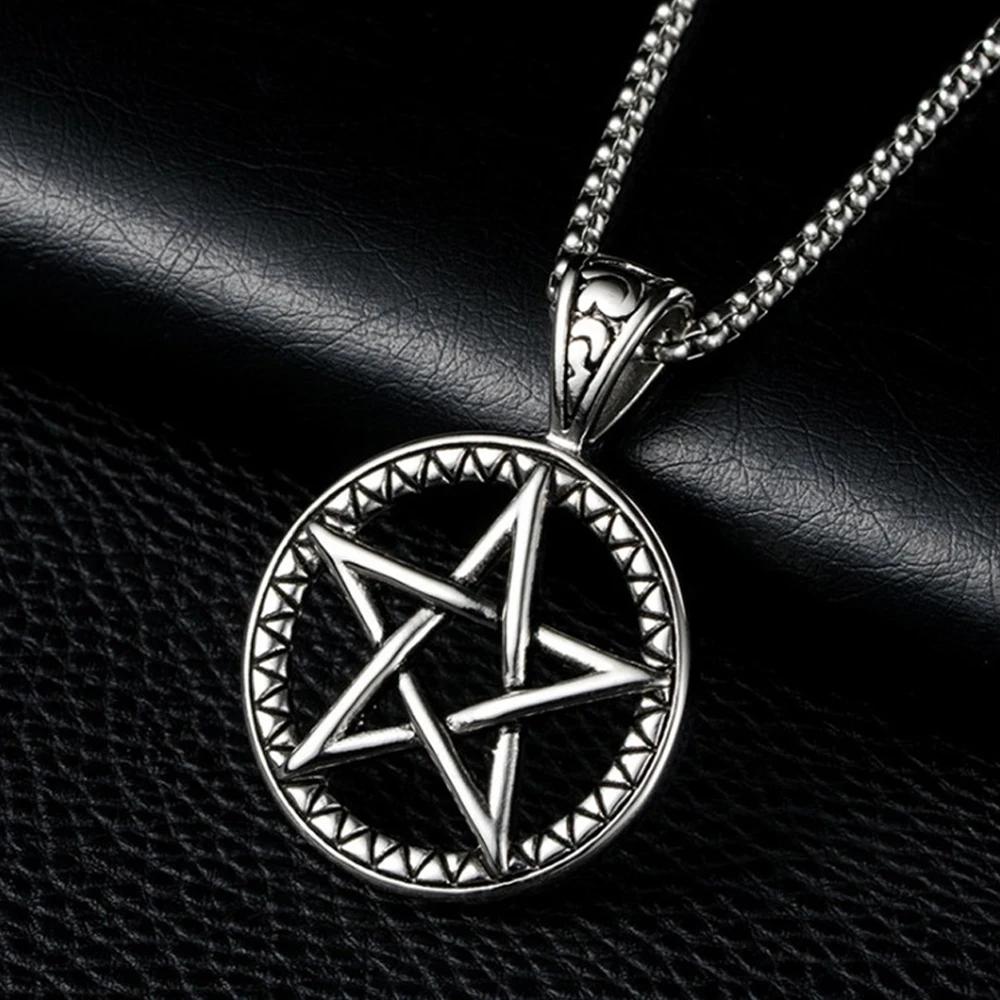 316L Rostfritt Stål Pentagram Hänge Halsband Vintage Satan Punk Hip Hop Biker Berlock Pentagram Halsband Smycken Grossist