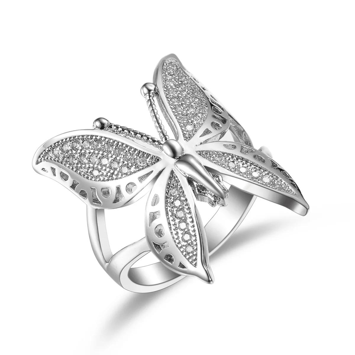 Cute Female Big Butterfly Zircon Stone  Sterling Silver Open Ring Simple Wedding Ring Stamp Love Engagement Sterling Ring resizable