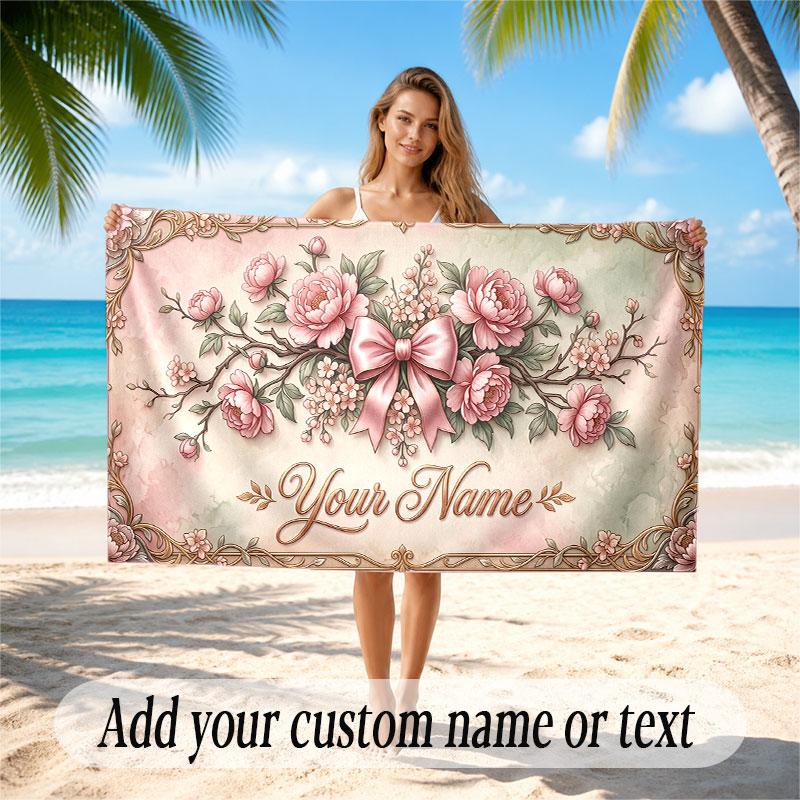 Floral Garden Theme Soft Beach Towel Personalized Custom Name Text Towel Portable for Beach Pool Travel