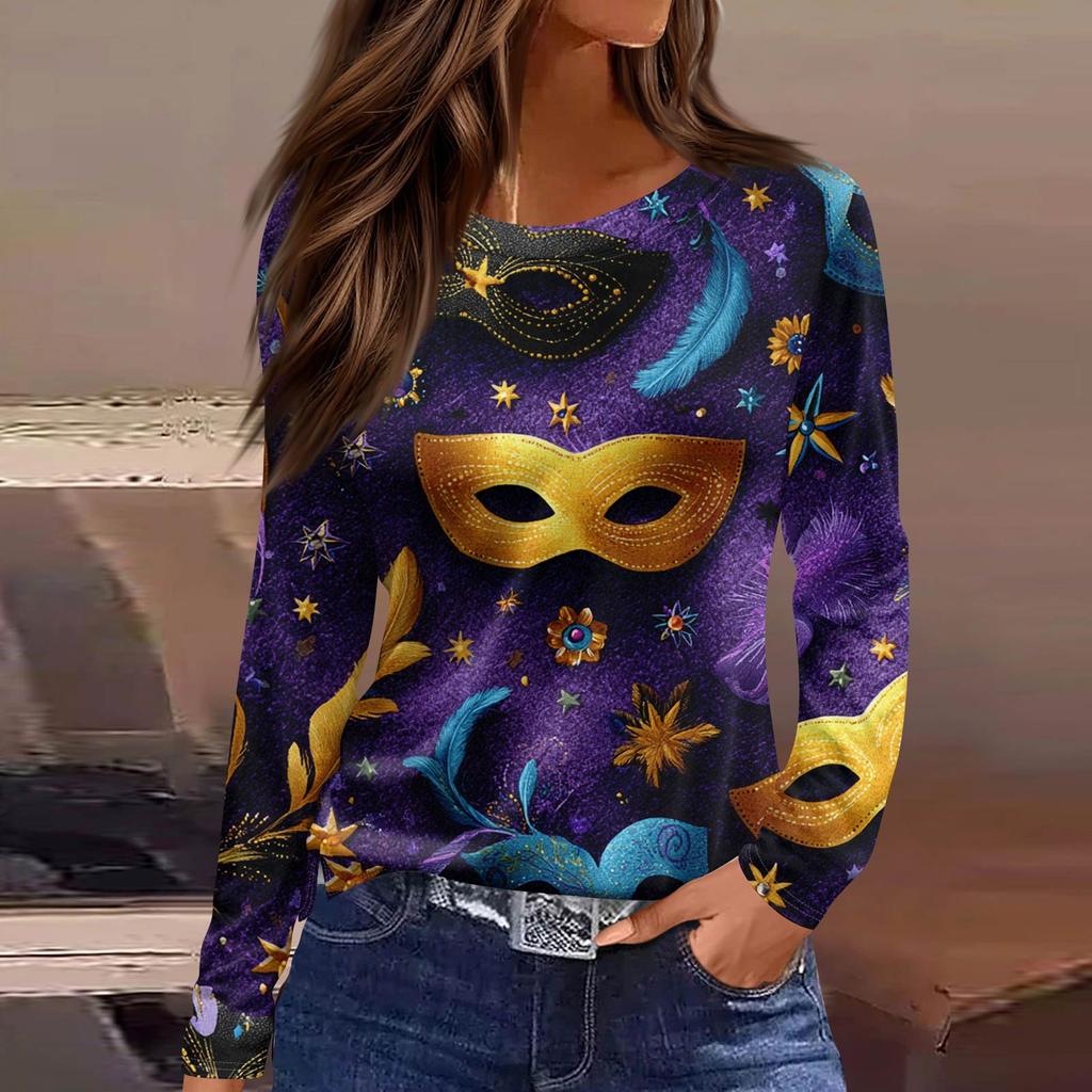 Women's Fashionable Casual Neck Long Sleeve Hem Split Carnival Print T-Shirt Top