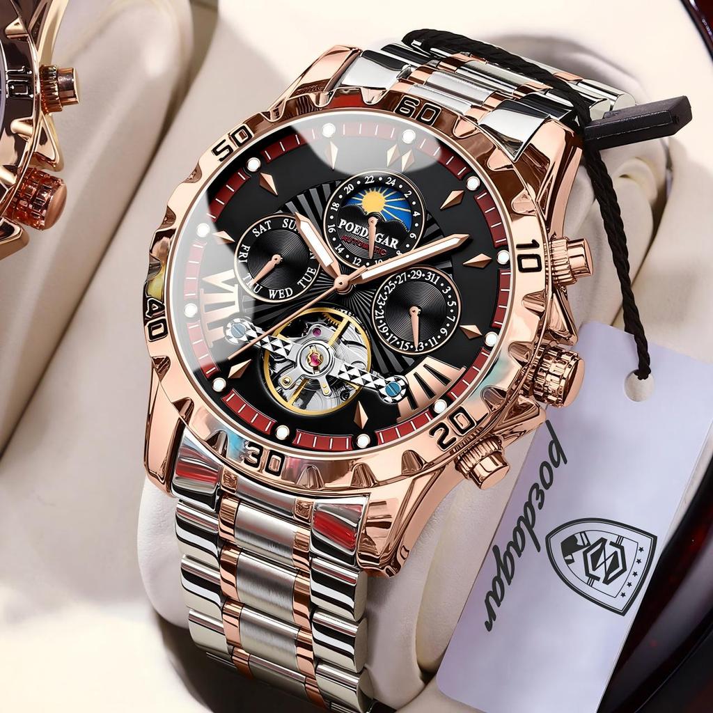 POEDAGAR Luxury Men Watch Luminous Waterproof Hollow Tourbillon Male Clock Week Date Business Automatic Mechanical Watches