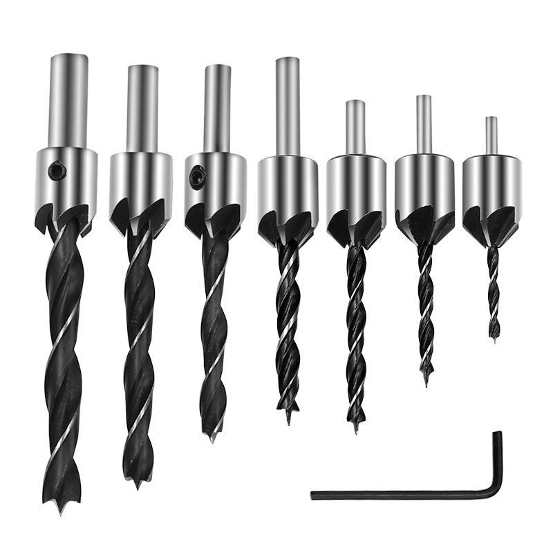 4/7pc HSS Three-Point Countersink & Chamfer Drill Bit Set for Woodworking