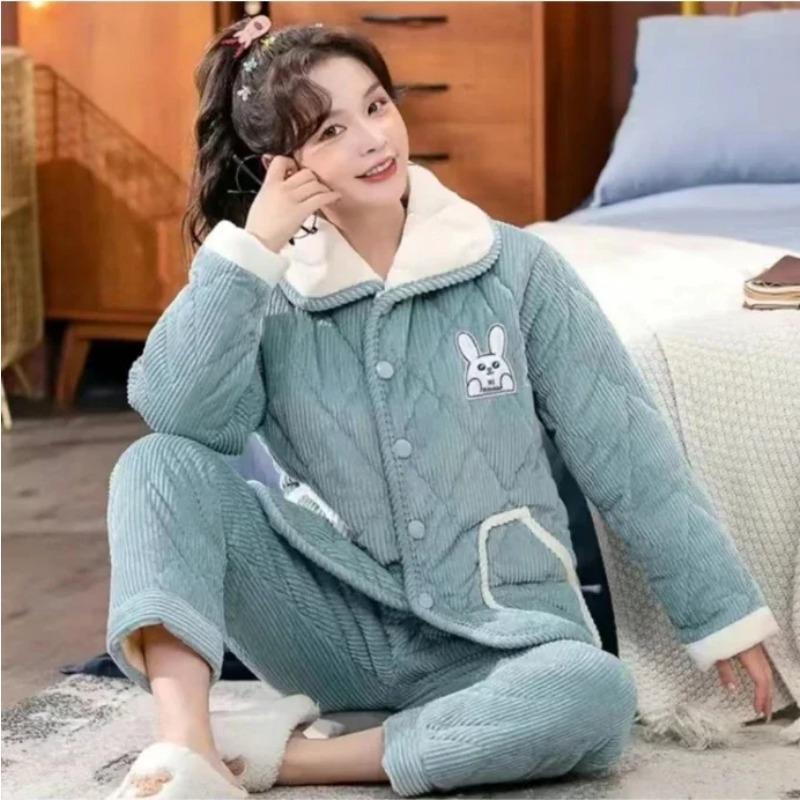 Sleepwear Women Winter Home Sleep Clothes Three Layer Thick Cotton Nightgown Flannel Coral Fleece Warm Coat Large Homewear Set