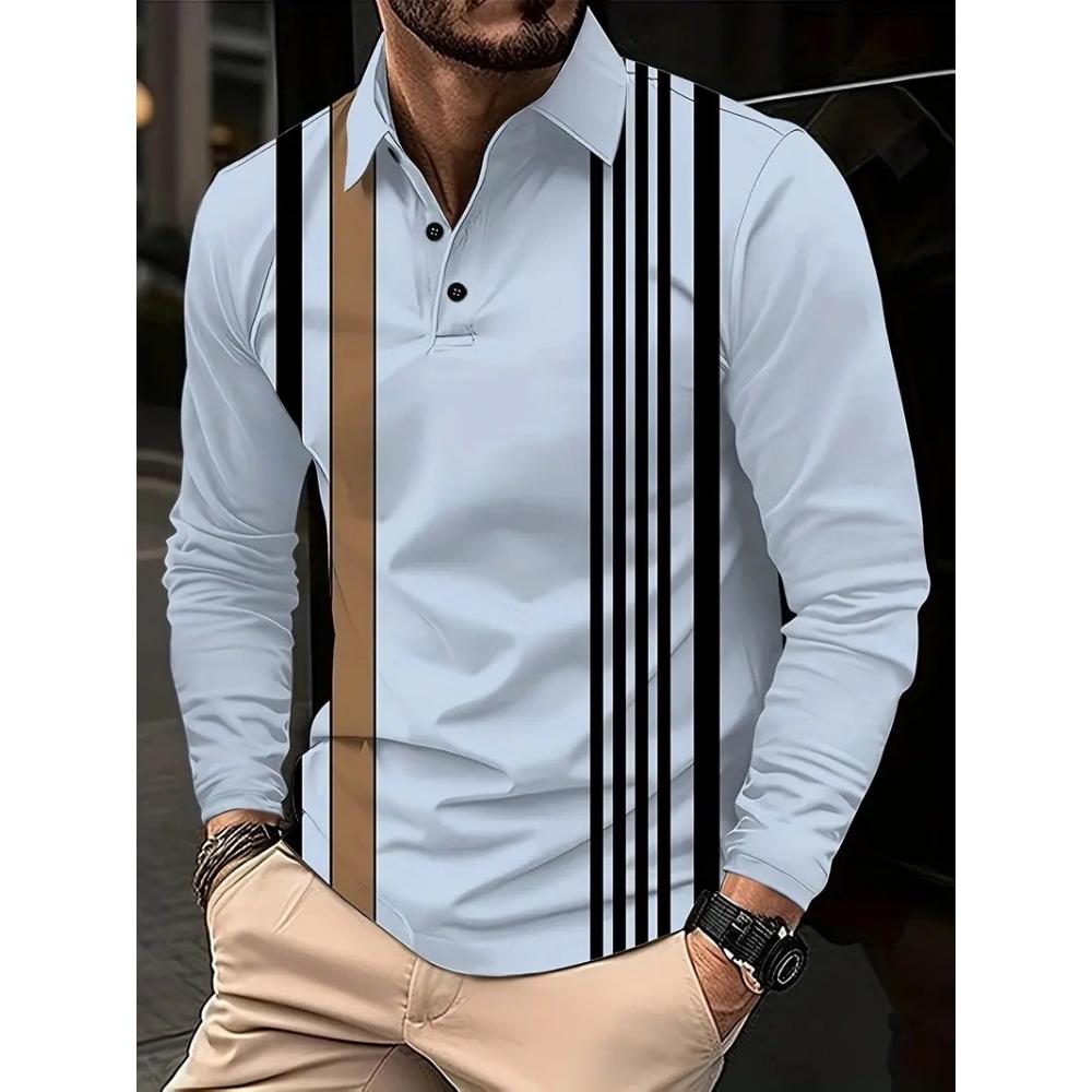 Fashion Men's Sweatshirt Long Sleeve Lapel Top Button Down Striped Polo Shirt