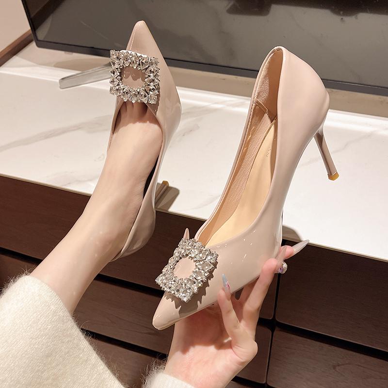 Patent Leather Stiletto Single Shoes Women's Pointed Toe Shallow Mouth Crystal Buckle Slip High Heels