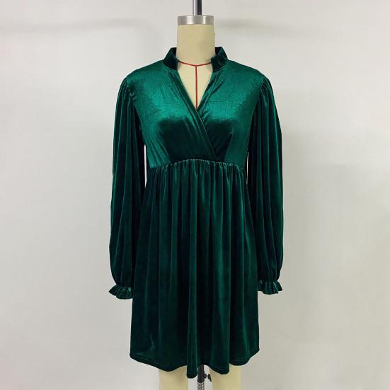 Women's Velvet Long Sleeve Dress Casual Fall Pleated V Neck A Line Flowy Dress Formal Wedding Guest Party Dress