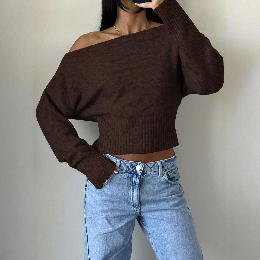 Women's Casual Fashion Off,Shoulder Color Short High,Waisted Slimming Sweater