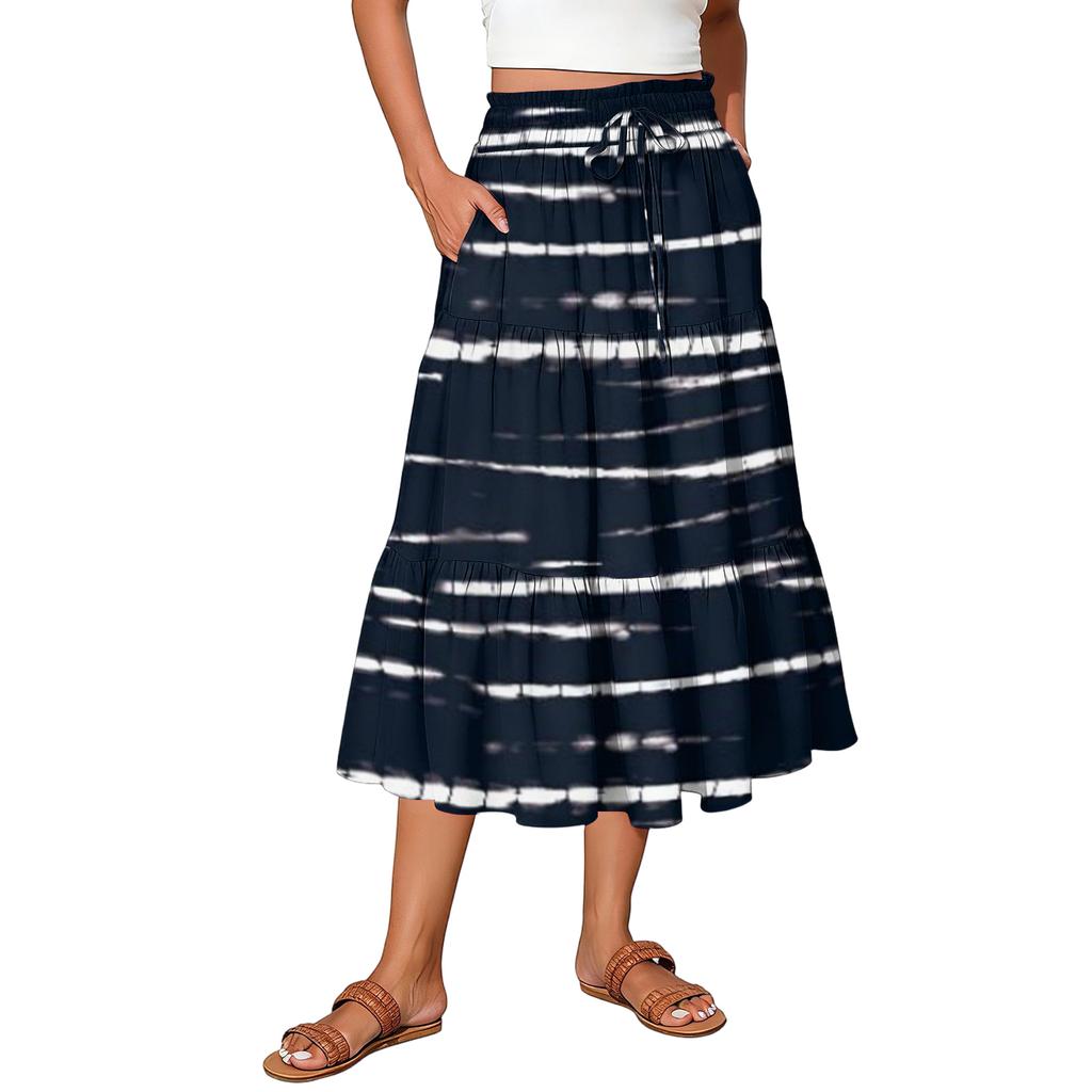Ladies' Striped Printed Casual Elastic Waist Drawstring Skirt