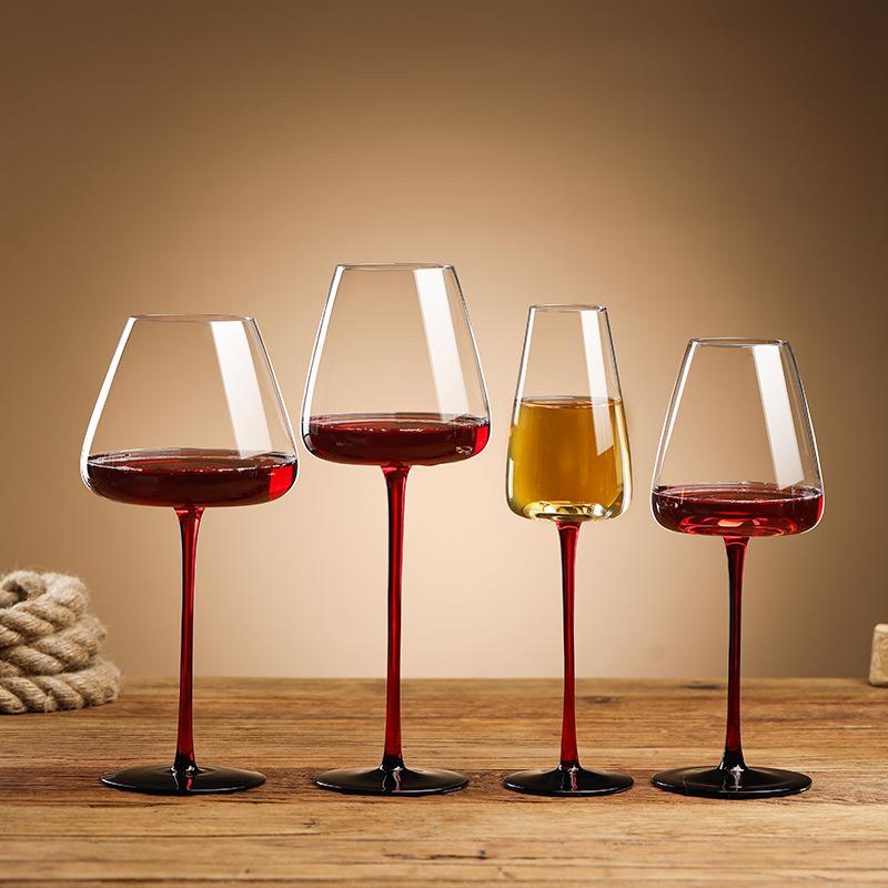 Burgundy Red Wine Glass with Black Base - Crystal Champagne, Concave Bottom, Tall Stem for Home Use