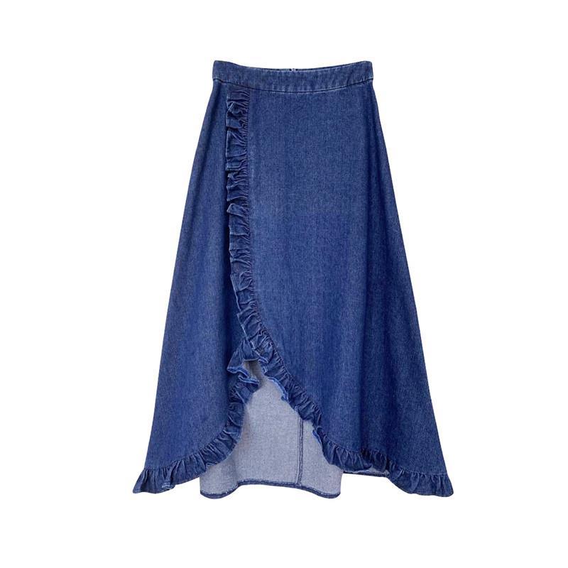 Spring and Autumn Academy Style Versatile High Waist Medium Length Half Length Skirt Design Sense Ruffle Irregular Denim Skirt for Women