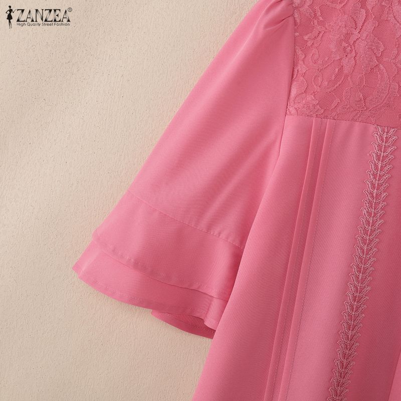 ZANZEA Women Casual Lace Patchwork Round Neck 3/4 Sleeve Loose Blouse