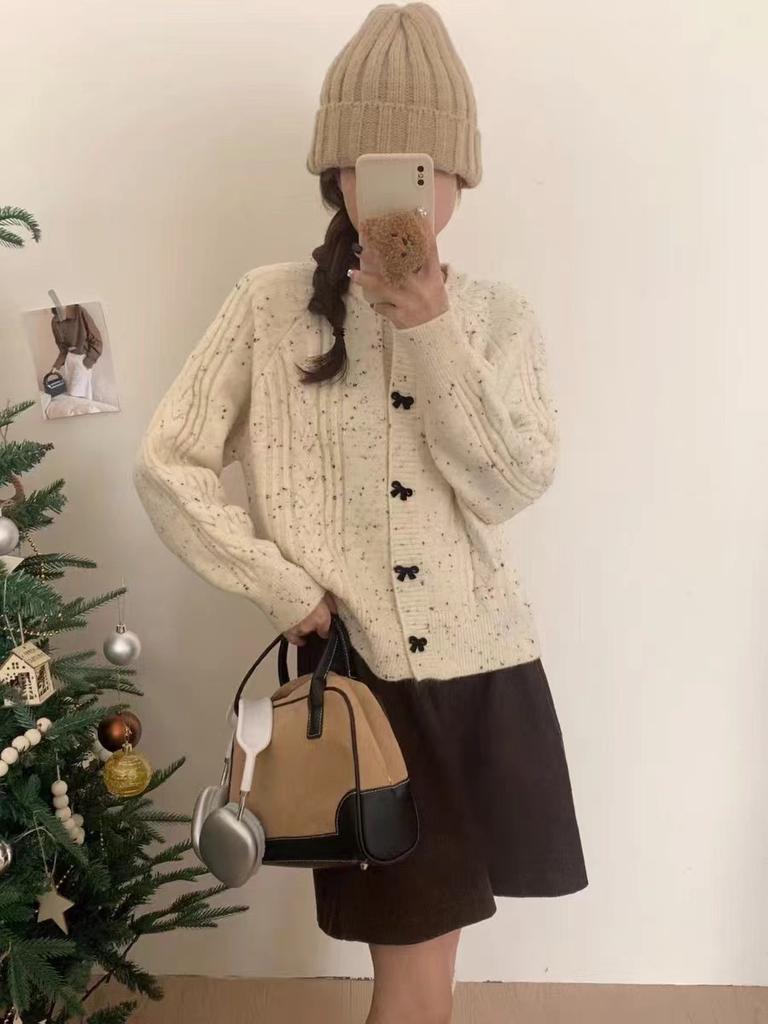 Gentle wind bow knitted sweater jacket women's design sense niche temperament soft waxy women's knitted cardigan