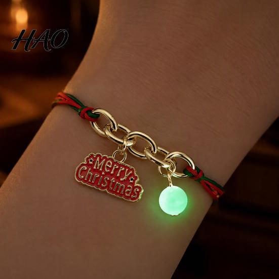 Stackable Festive Wrist Jewelry Christmas Bracelets, Red Green String Bracelet, Adjustable Charm Bracelet Webbing with Glow in The Dark Bead for Women